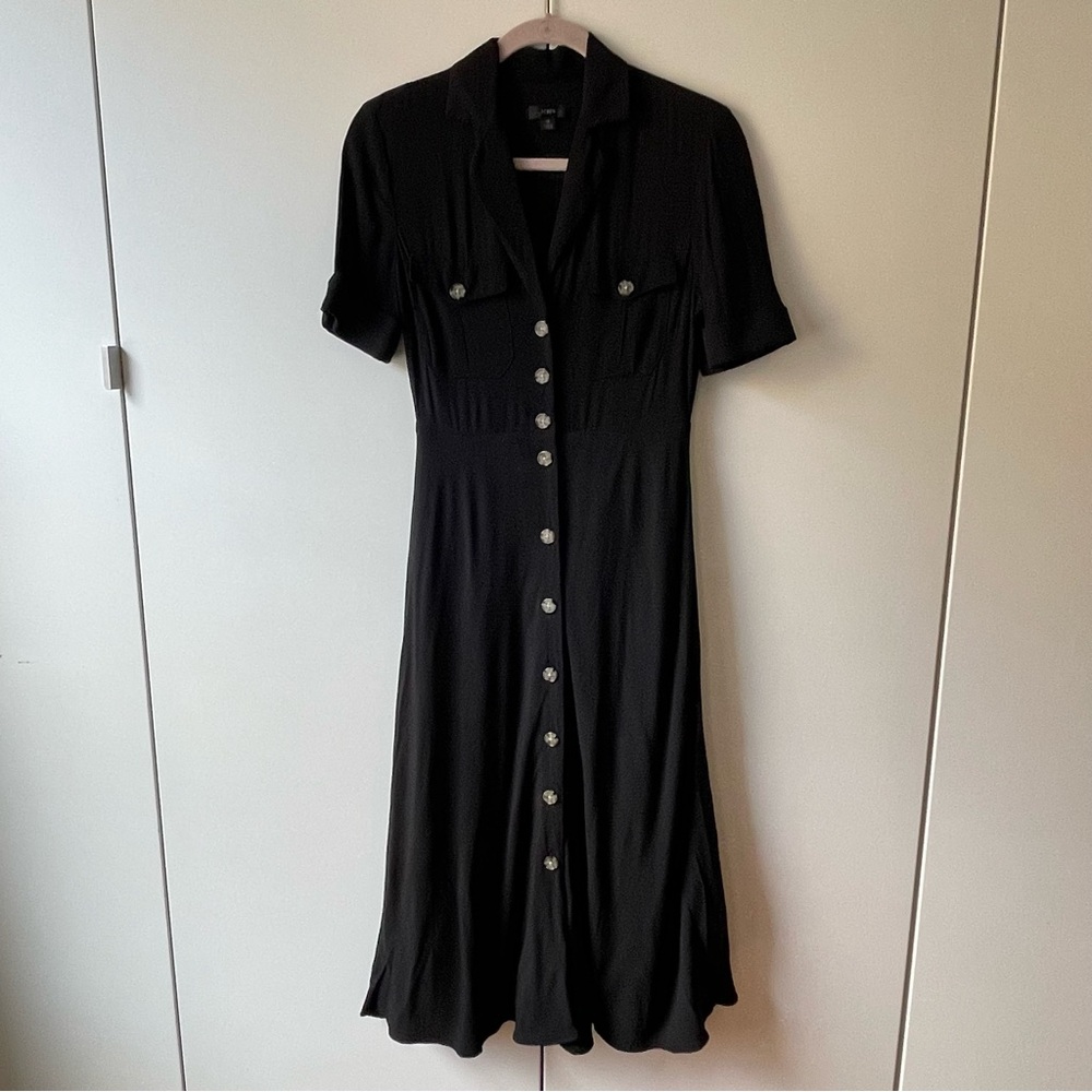 J. Crew Collared Camp-Pocket Shirt-Dress Black Midi Dress with Button Detail 0